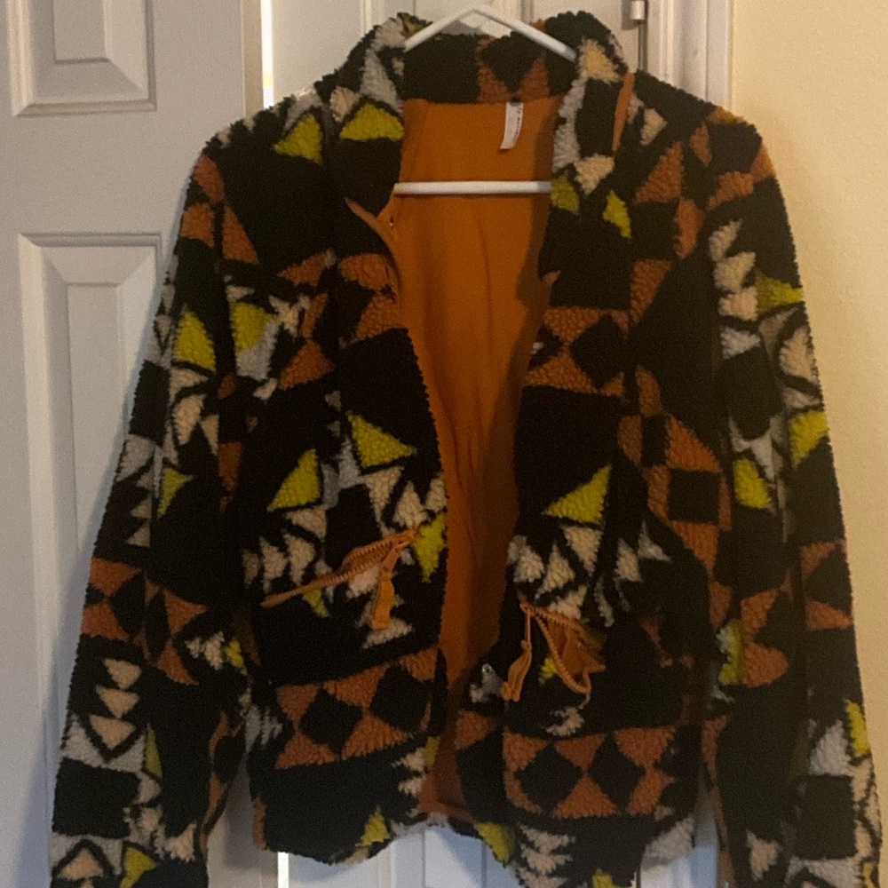 Free People M Hit the Slopes jacket, Black and Orange Geometric, night combo